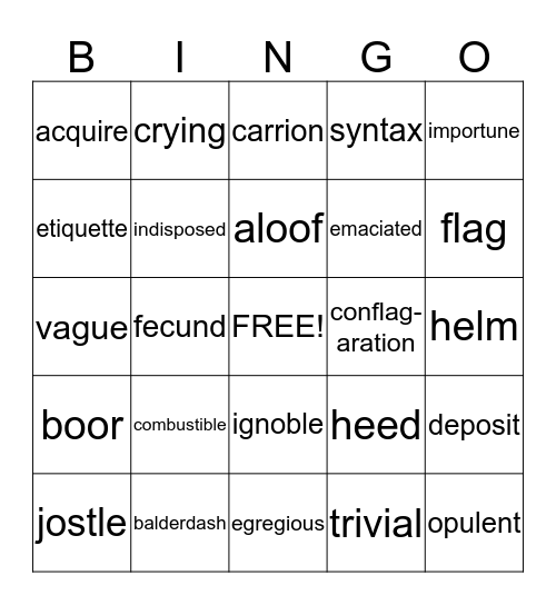 Vocabulary Bingo Card