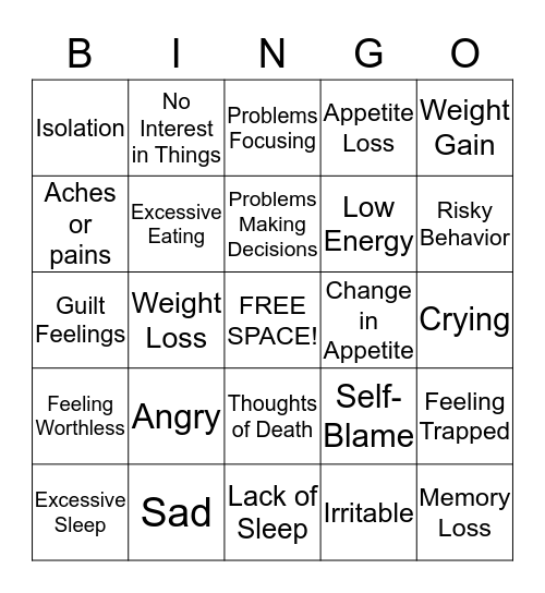 Depression Symptoms Bingo Card