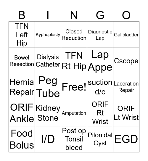 PACU Add-On Bingo Card