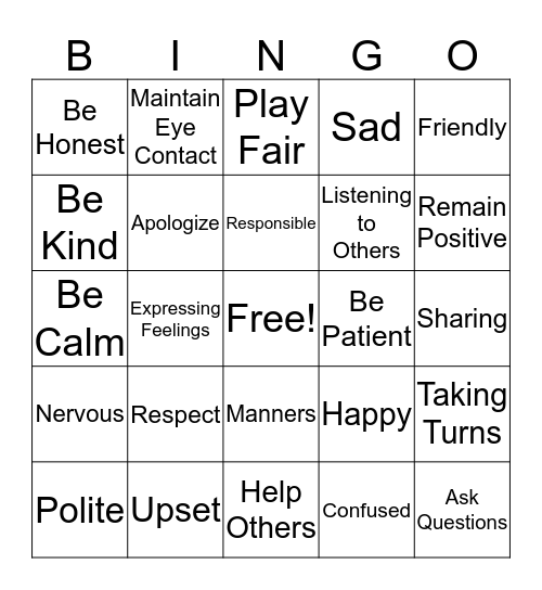 Social Skills BINGO Card