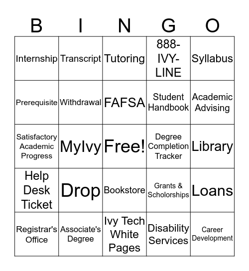 Ivy Tech Resources Bingo Card