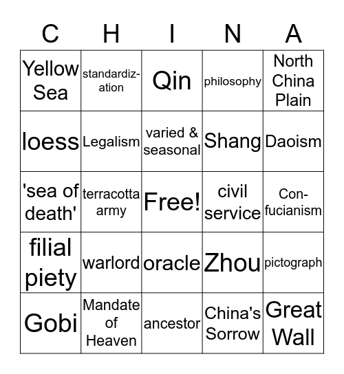 China Bingo Card