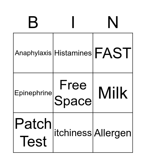 Allergic Reactions Bingo Card