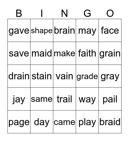 Long a words Bingo Card