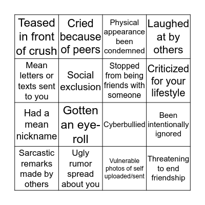 Relational Aggression Bingo Card