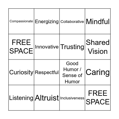 Collaborative Values Bingo Card