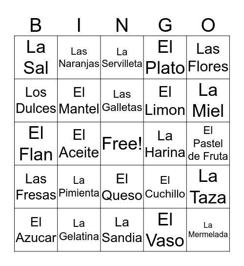 Restaurantes in Spanish Bingo Card