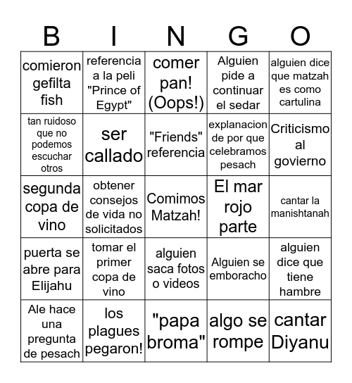 Tarjeta de Pesach  Bingo Card