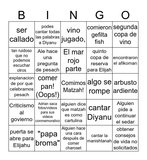 Tarjeta de Pesach  Bingo Card