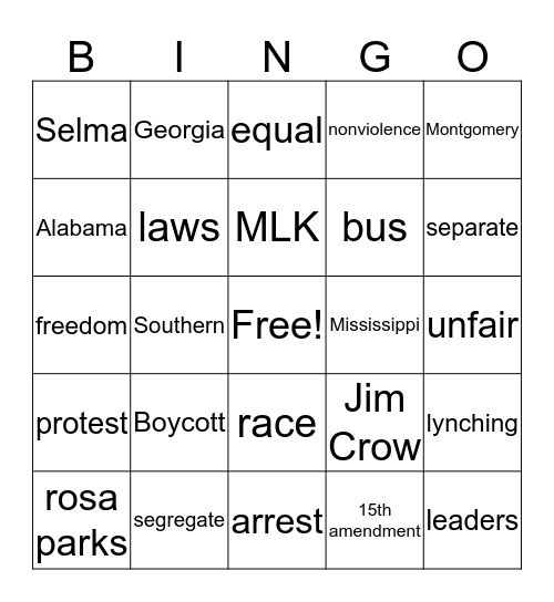 Civil Rights Bingo Card