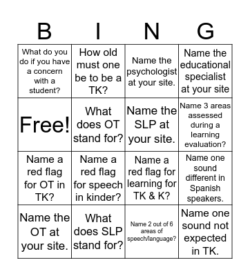 SPED & TK  Bingo Card