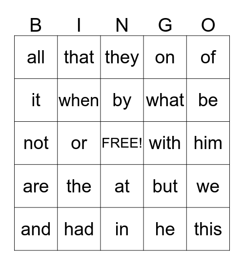 2nd Grade Word Bingo Card