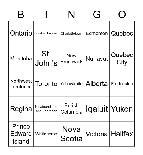 Capital Cities and Provinces of Canada Bingo Card