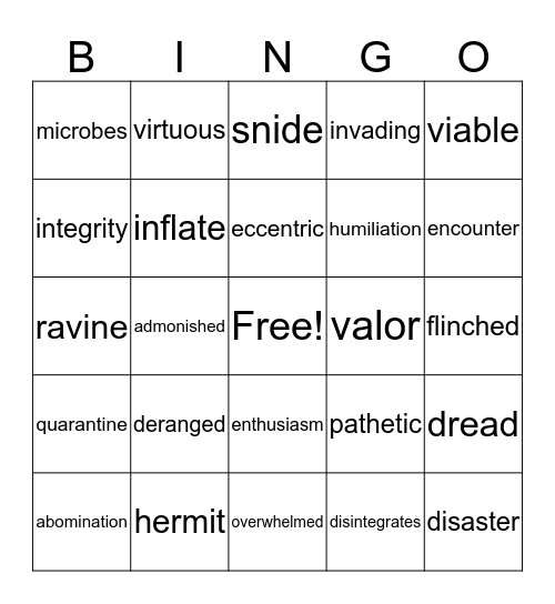 Fuzzy Mud Vocabulary Bingo Card