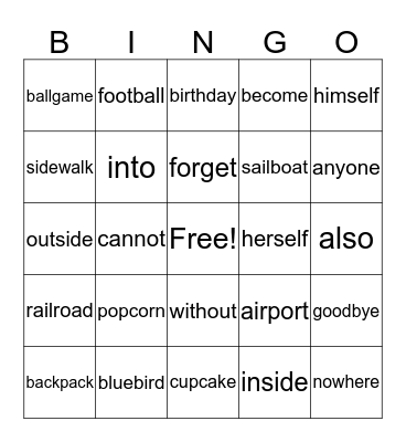 Compound Words Bingo Card