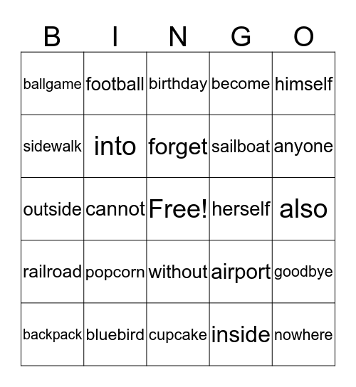 Compound Words Bingo Card