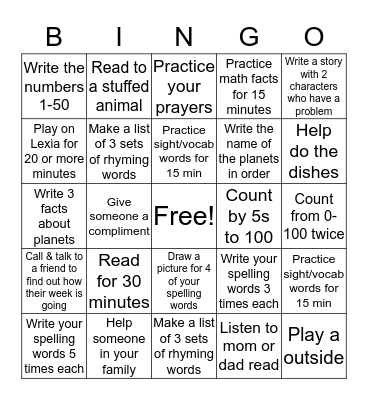 Homework Bingo Card