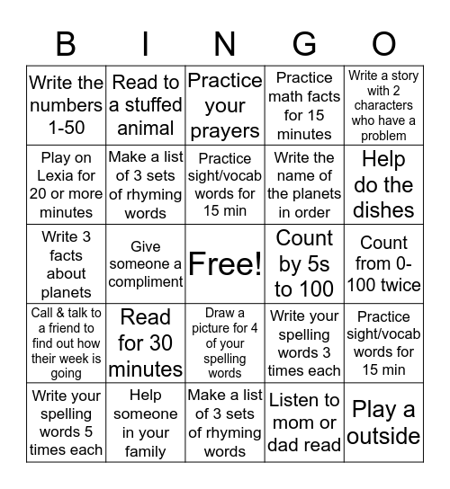 Homework Bingo Card