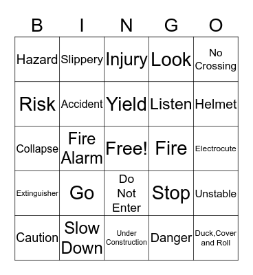 Safety Word Bingo Card