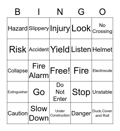 Safety Word Bingo Card