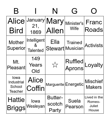 P.E.O. FOUNDERS BINGO Card