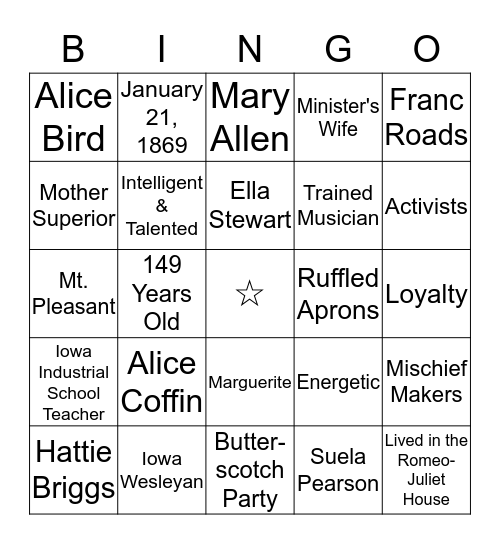 P.E.O. FOUNDERS BINGO Card