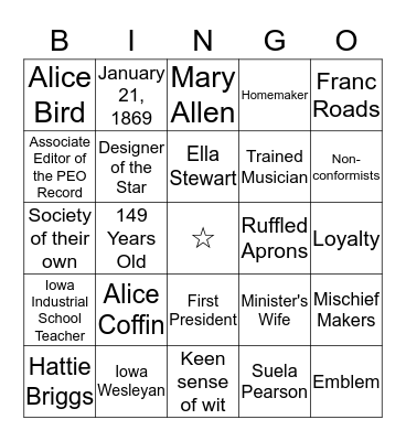 P.E.O. FOUNDERS BINGO Card