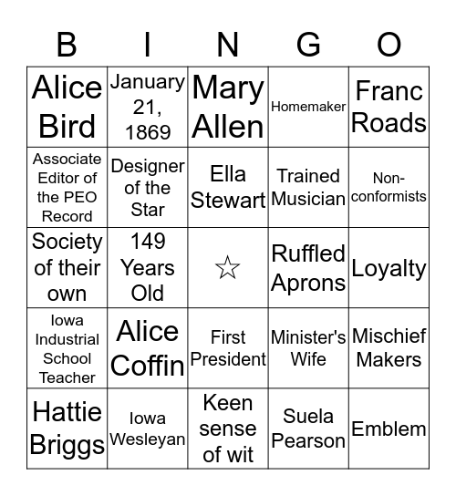 P.E.O. FOUNDERS BINGO Card