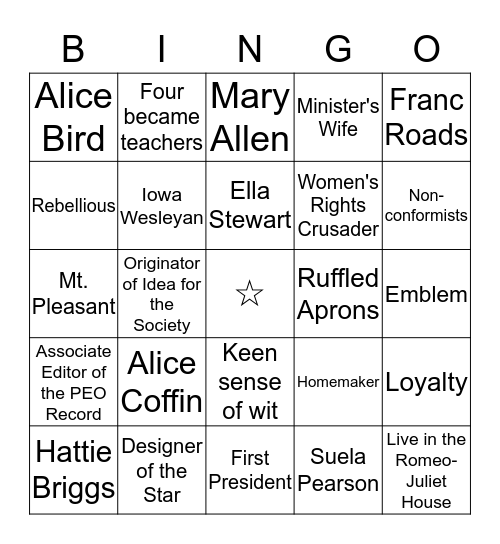 P.E.O. FOUNDERS BINGO Card