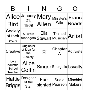 P.E.O. FOUNDERS BINGO Card