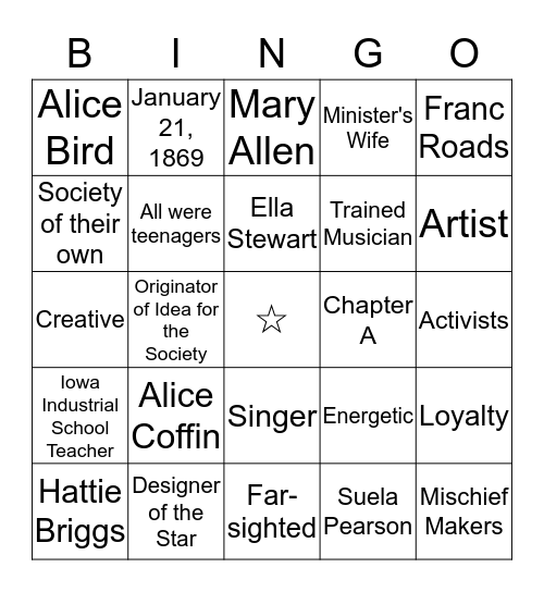 P.E.O. FOUNDERS BINGO Card