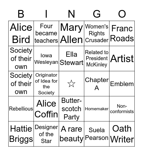 P.E.O. FOUNDERS BINGO Card