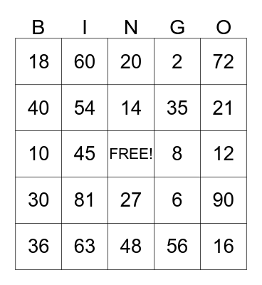 Multiplication Bingo Card