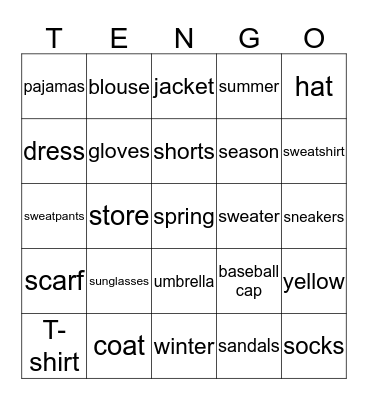 la ropa Bingo Card