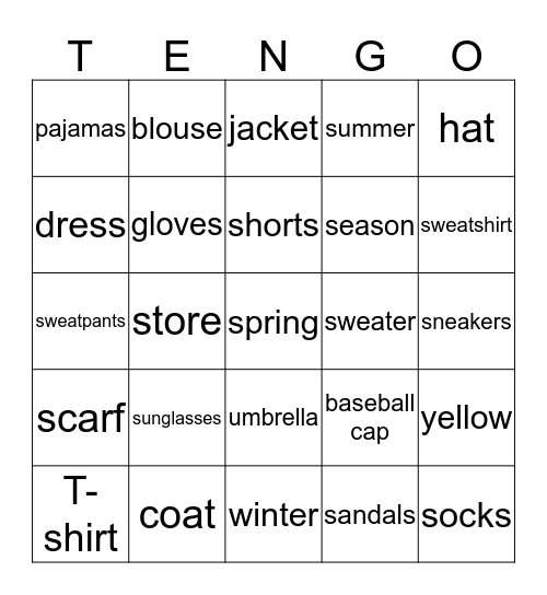 la ropa Bingo Card