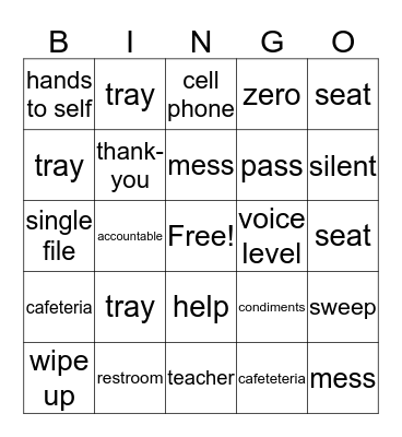 Cafeteria Expectations Bingo Card