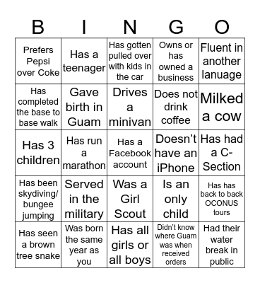 NBG MOPS Life Experiences BINGO Card