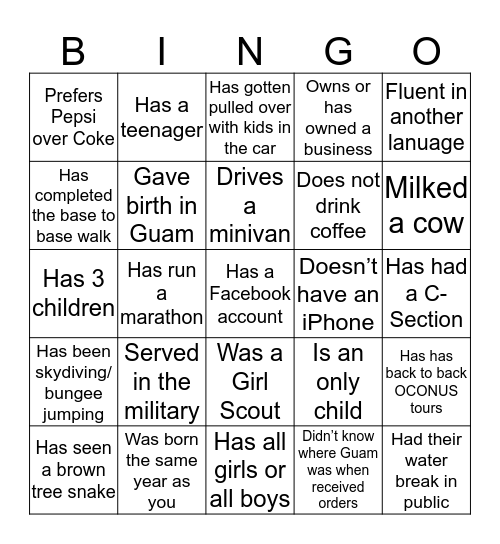 NBG MOPS Life Experiences BINGO Card