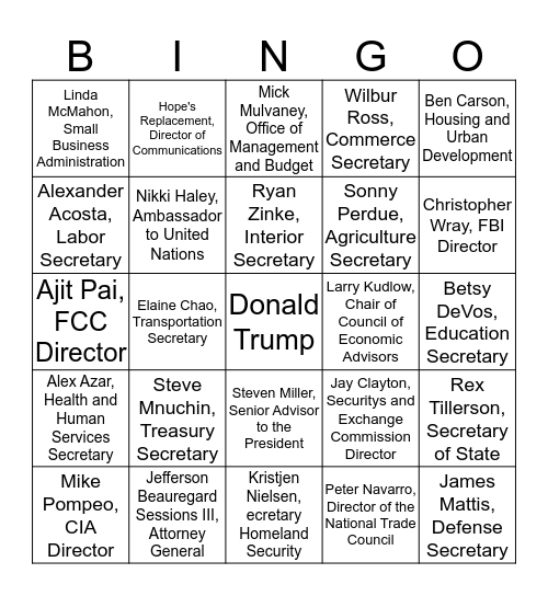 Trump Administration Bingo Card