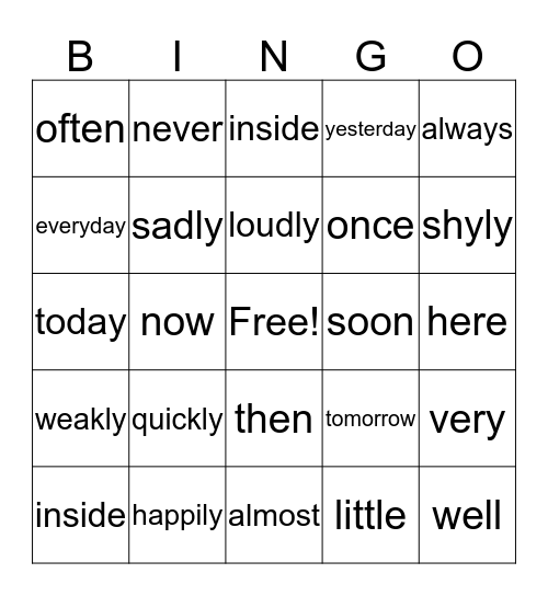 Adverb Bingo Card