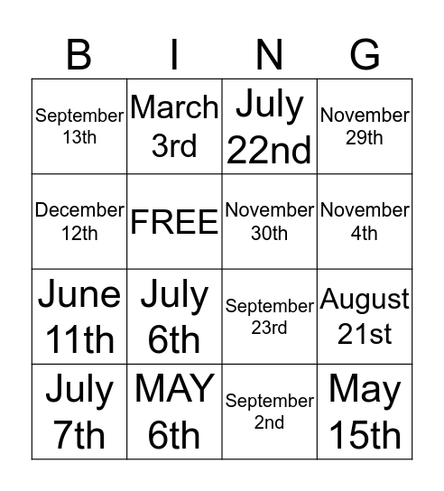 Identify DOC Birthdates Bingo Card