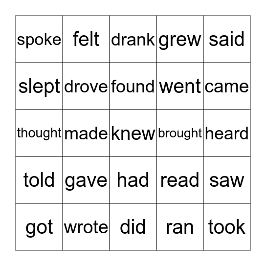 Simple Past Irregular Verbs Bingo Card