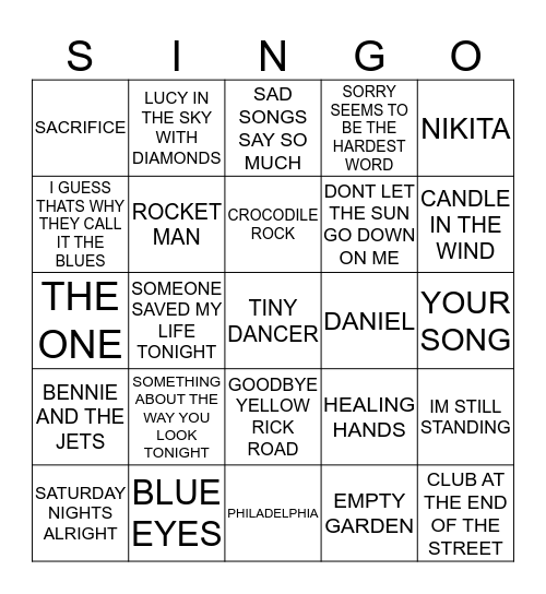 183 BEST OF ELTON JOHN Bingo Card