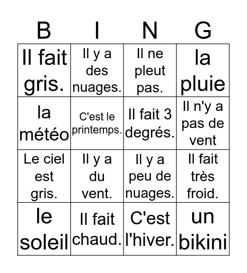 La météo Bingo Card