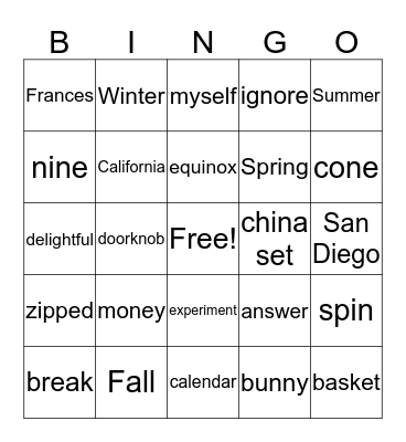 Vocabulary Words Bingo Card