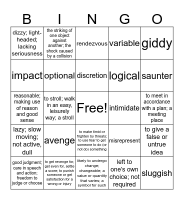 Level A Unit 9 Bingo (all 12) Bingo Card
