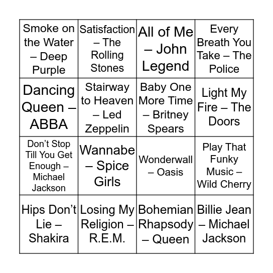 Musical Bingo Card