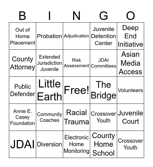 Speaking with the Juvenile Justice System  Bingo Card