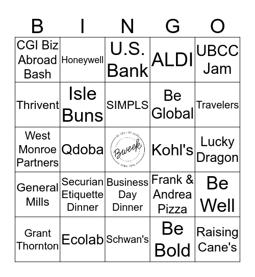 B-Week Bingo for Budge Passes Bingo Card
