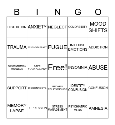 DISSOCIATIVE DISORDER Bingo Card